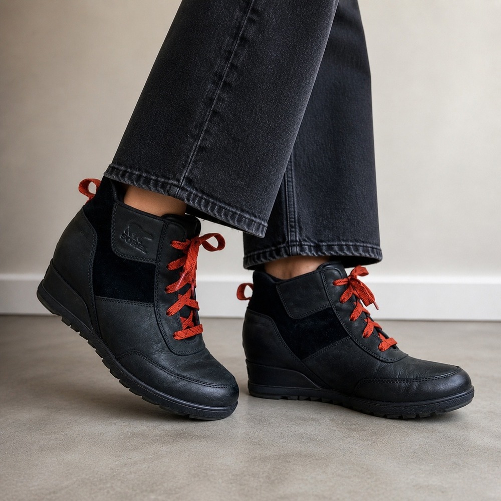 Sorel Evie Sport Lace Wedge Boots Women 8 Black Waterproof Leather Moto Designer